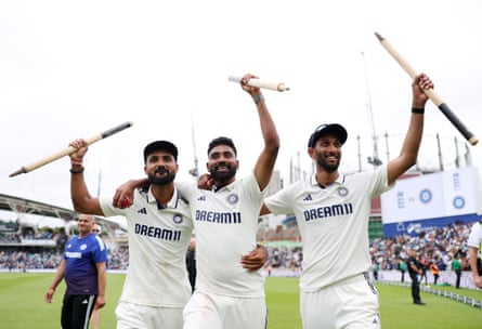 Akash Deep, Mohammed Siraj and Prasidh Krishna of India celebrate after winning the fifth Test.