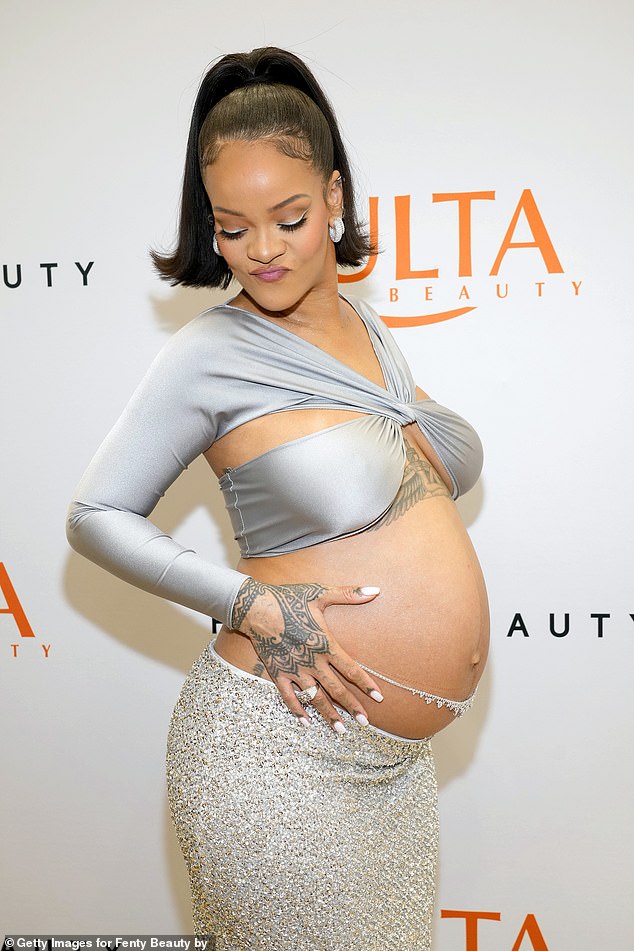 They compared the experiences of Rihanna (pictured), as a famous black woman, to two unknown white women. The singer, who is expecting her third child, has glided through her pregnancies in a series of skimpy outfits