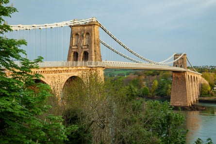 The Menai Suspension Bridge with shrubs and trees in the foreground