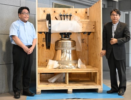The restored bell of Urakami cathedral that arrived from the United States is displayed in May 2025.