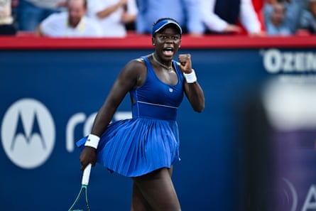 Victoria Mboko celebrates after winning the second set over Elena Rybakina on Wednesday in the Montreal semi-finals.