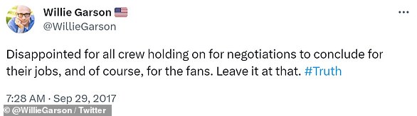 Truth: 'Disappointed for all crew holding on for negotiations to conclude for their jobs, and of course, for the fans. Leave it at that. #Truth Every cast member is integral, and all did amazing work, and would have in this lovely script as well. Nothing to do if one doesn't want to,' Garson said in two tweets