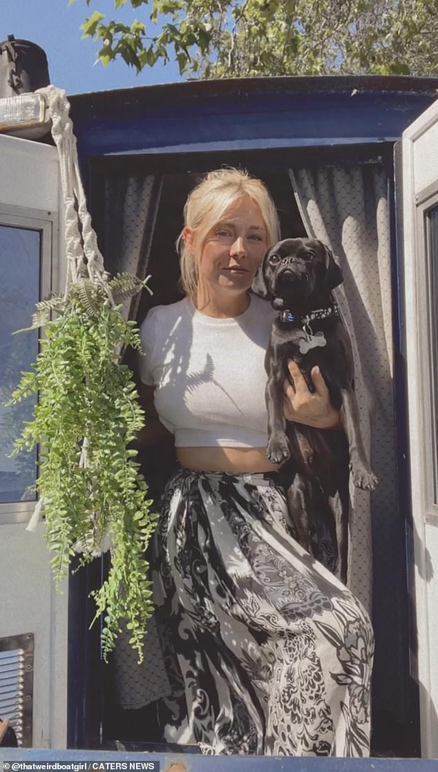 Shannon Lane, 28, from Buckinghamshire, swapped her one-bedroom flat for life on a narrowboat and now pays just £350 a month (Pictured: Sharon with her two-year-old dog Gilbert)