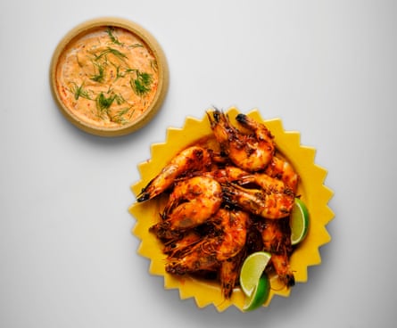 Tom Kerridge’s prawns with harissa mayo