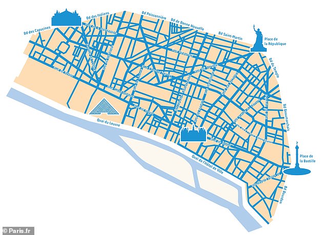 Paris' Limited Traffic Zone was introduced in city centre in November. Motorists are banned from driving through the centre of the capital. Pictured: the TLZ boundary