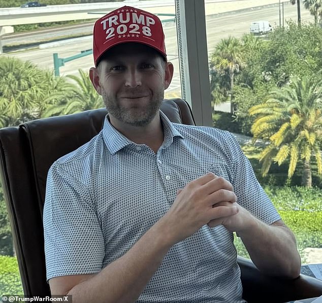First son Eric Trump wearing the new Trump 2028 hat being sold by the Trump Organization