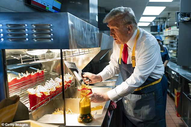 That's good news for President Donald Trump, who is well-known for his love of McDonald's. Trump is seen working behind the counter at a McDonald's in October 2024