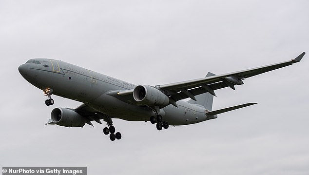 Voyagers, described as a 'petrol station in the sky', can carry up to 109 tonnes of fuel and are used to refuel fighter and compatible heavy aircraft. (File image of RAF Airbus A330 Voyager)