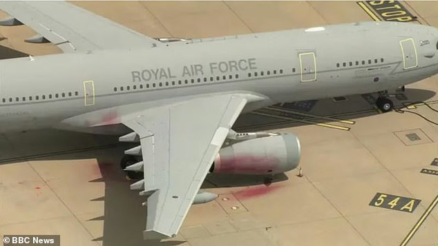 A seventh suspect has been arrested over a break-in at RAF Brize Norton during which two military aircraft were damaged. pictured: One of the RAF Voyager aircraft that was damaged