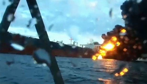 Video grab shows fire on a cargo ship in the Black Sea