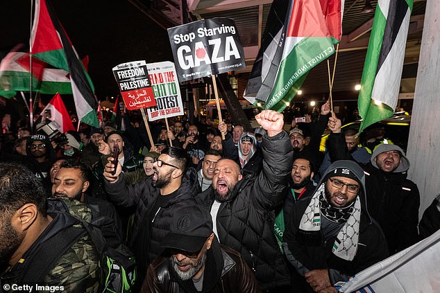 There were protests outside Villa Park before the game. Pictured: Pro-Palestine protesters