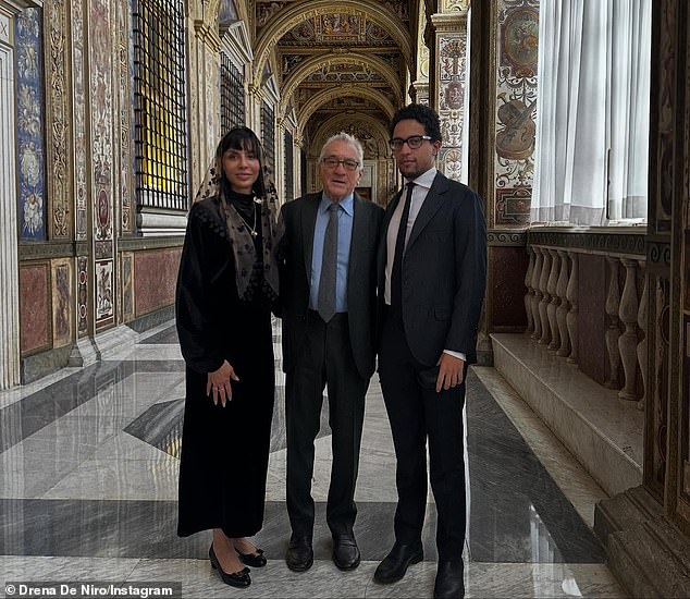 The actress revealed she had met Pope Leo XIV while in Rome, writing that the encounter left her 'filled with gratitude' and convinced that her late son's spirit was with her throughout the trip; seen above with father Robert De Niro and brother Julian De Niro