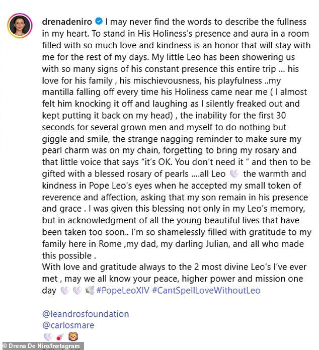 'I was given this blessing not only in my Leo's memory, but in acknowledgment of all the young beautiful lives that have been taken too soon,' she wrote