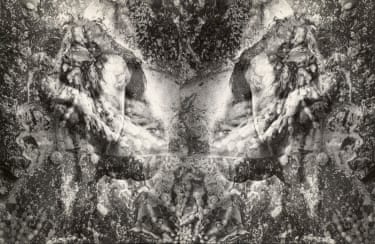 a black and white photo montage showing superimposed nudes, rocks, and water