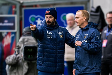 Viking’s head coaches, Bjarte Lunde Aarsheim and Morten Jensen, on the sidelines during the opening match of the season against Vålerenga in March