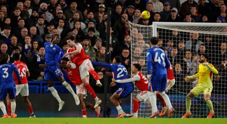 Trevoh Chalobah (No 23) scores for Chelsea with a header from a corner.