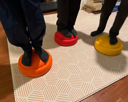 The writer’s mini-testers get to work using stepping stones for a game of The Floor Is Lava