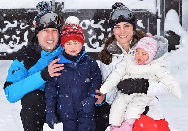 Catherine, Duchess of Cambridge and Prince William, Duke of Cambridge, with their children, Princess Charlotte and Prince George, enjoy a short private skiing break on March 3, 2016