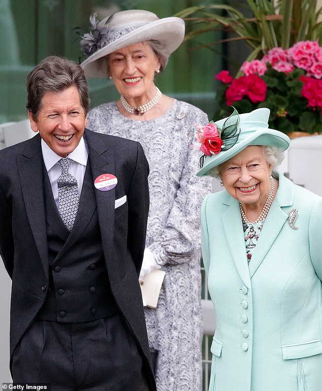 Lady Hussey, a long-standing friend of the late Queen seen here behind the Queen and her racing manager, John Warren, at Ascot in June 2021
