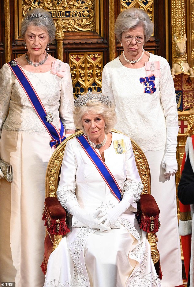 Following the late Queen's death in September 2022, Lady Hussey (left) was considered one of Queen Camilla's top advisors. Seen here at the State Opening of Parliament with Camilla the then Duchess of Cornwall