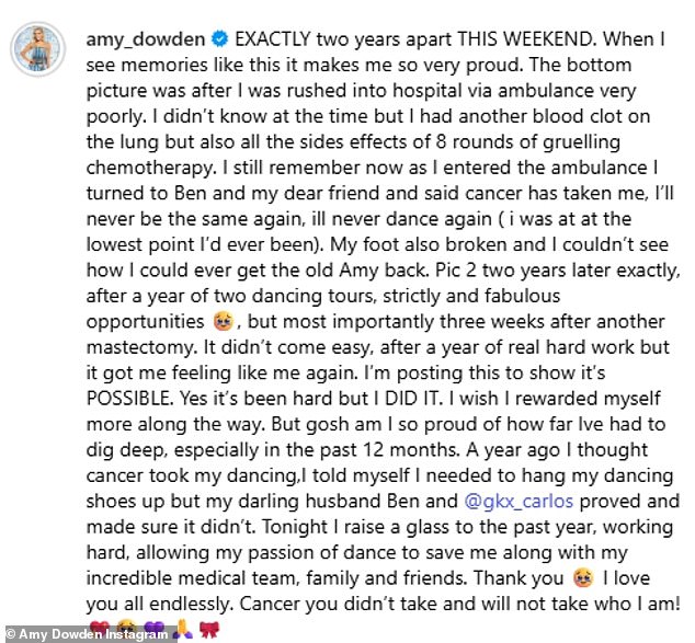 Her heartbreaking caption detailed how she felt she would 'never get the old Amy back' and that she was sure cancer 'taken away her dancing shoes'
