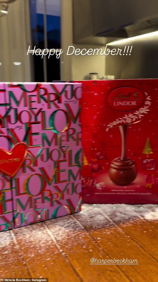 Victoria penned in the caption: 'Happy December! @harperbeckham', as she decorated the table with fake snow for added festive cheer