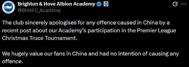 Brighton later apologised 'for any offence caused in China' by their social media post