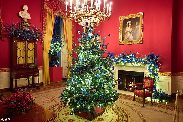 First Lady Melania Trump had a Be Best room filled with more than 10,000 blue butterflies in the tree, wreaths and garland