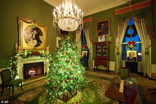 Lego portraits of President George Washington and President Donald Trump decorate the Green Room of the White House