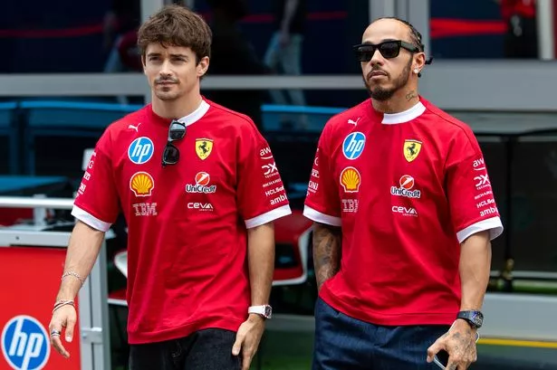 Charles Leclerc walks with Lewis Hamilton.